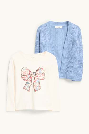 Enfants filles - Nœud - ensemble - gilet en maille et haut à manches longues - 2 pièces - bleu  / crème