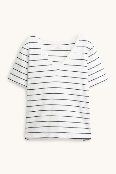 Damen - T-Shirt mit V-Ausschnitt - Regular Fit - gestreift - weiß / schwarz