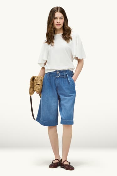 Femei - Pantaloni scurți de blugi cu curea - talie înaltă - denim-albastru