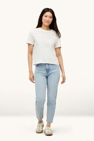 Damen - Mom Jeans mit Strasssteinen - High Waist - hellblau