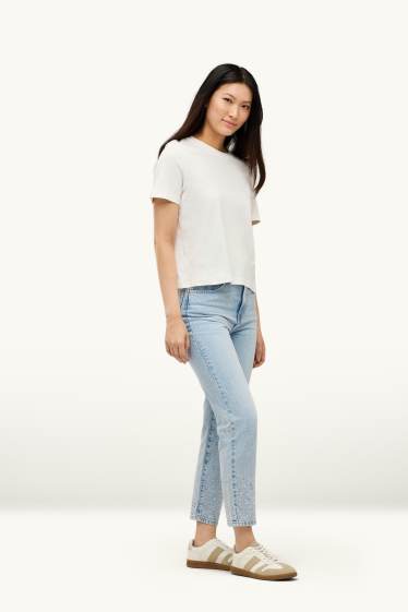 Damen - Mom Jeans mit Strasssteinen - High Waist - hellblau