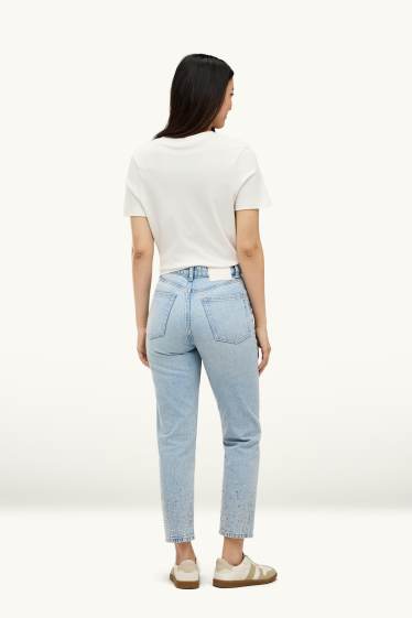 Damen - Mom Jeans mit Strasssteinen - High Waist - hellblau