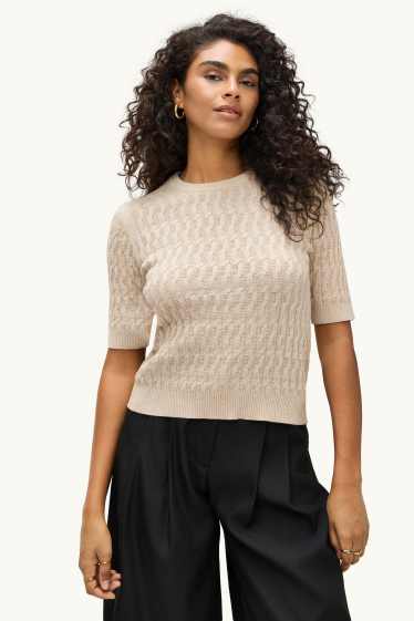 Damen - Strickpullover - kurzarm - Zopfmuster - beige