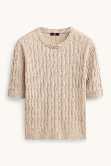 Damen - Strickpullover - kurzarm - Zopfmuster - beige