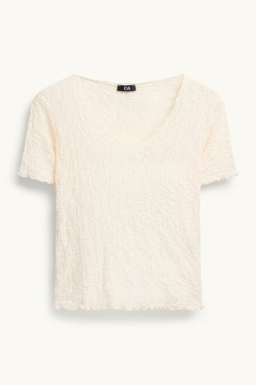 Dames - T-shirt - regular fit - met structuur - crèmekleurig
