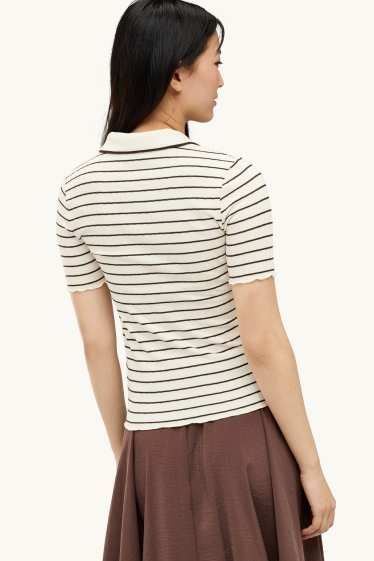 Donna - Polo - regular fit - a coste - a righe - marrone / bianco crema