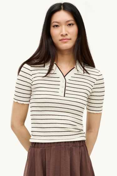 Donna - Polo - regular fit - a coste - a righe - marrone / bianco crema