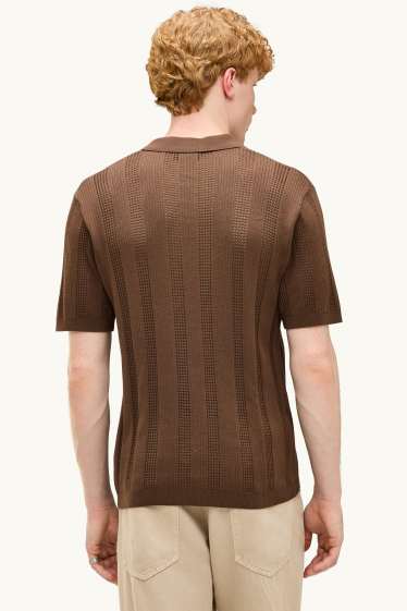 Heren - Gebreid poloshirt - relaxed fit - geribd - gestreept - bruin