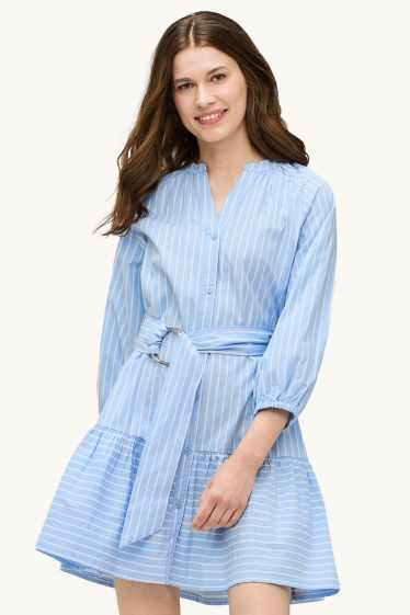 Donna - Vestito svasato con cintura - a righe - blu / bianco