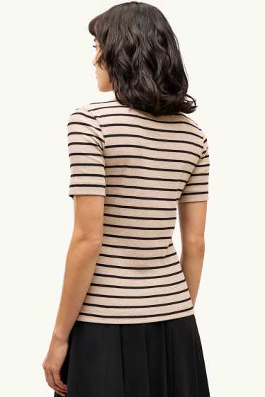 Femmes - T-shirt d’- slim fit - finition côtelée - à rayures - marron