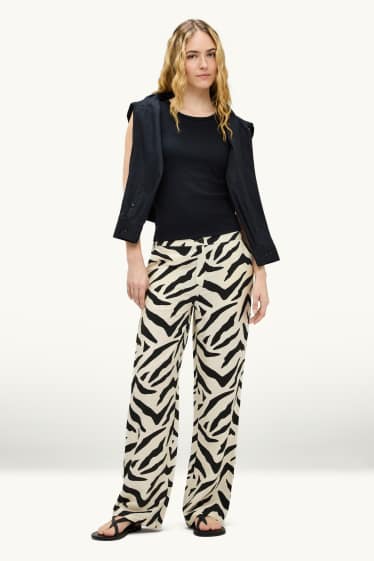 Damen - Stoffhose - High Waist - Wide Leg - gemustert - weiss / schwarz