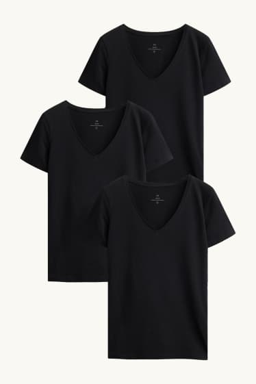 Femei - Multipack 3 buc. - tricou cu decolteu în V - slim fit - negru