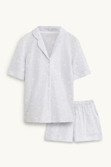 Damen - Shorty-Pyjama - gemustert - grau-melange