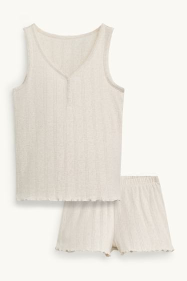 Damen - Pointelle-Shorty-Pyjama - beige