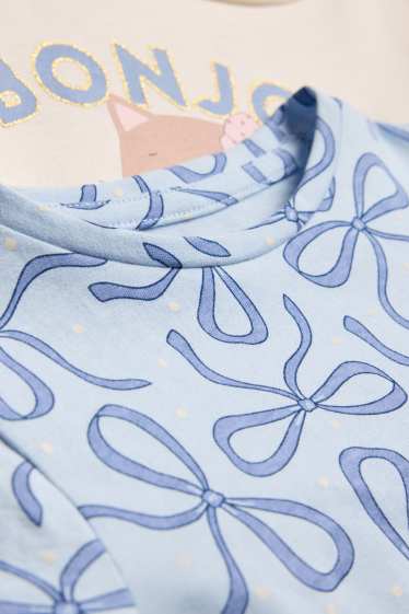 Bambine - Confezione da 2 - gatto e fiocco - maglia a maniche lunghe - effetto brillante - blu / crema