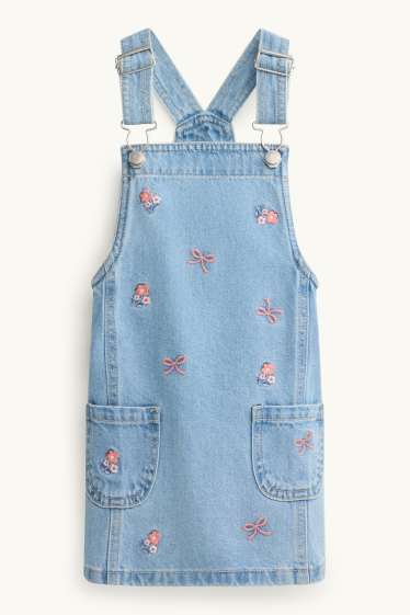Kinderen: meisjes - Strik en bloem - set - longsleeve en denim overgooier - 2 delig - jeansblauw