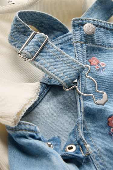 Kinderen: meisjes - Strik en bloem - set - longsleeve en denim overgooier - 2 delig - jeansblauw