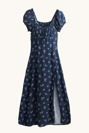 Femmes - Robe à fente - à fleurs - smockée - bleu foncé