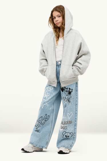 Kinder Mädchen - Graffiti - Wide Leg Jeans - helljeansblau