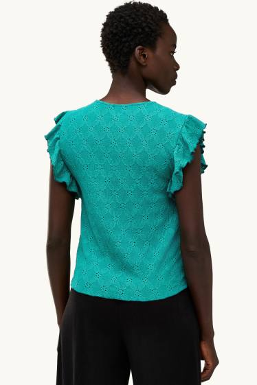 Damen - T-Shirt - Regular Fit - Broderie Anglaise - türkis