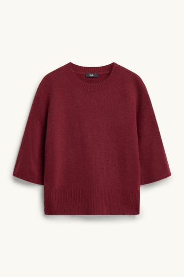 Damen - Strickpullover - kurzarm - bordeaux