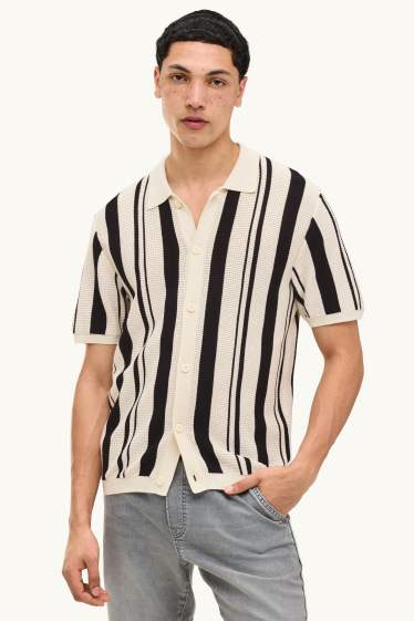 Herren - Strick-Hemd - Relaxed Fit - Kent - gestreift - schwarz / beige