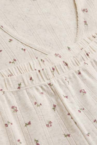 Dames - Pointelle shortama - gebloemd - crèmekleurig