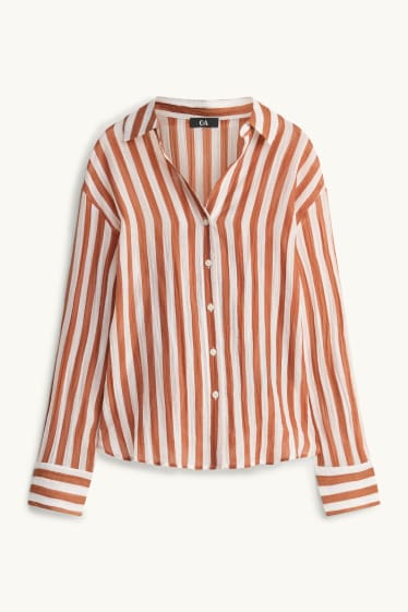 Dames - Blouse met V-hals - gestreept - met structuur - lichtbruin