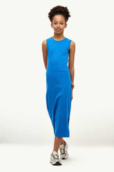 Enfants filles - Robe - finition côtelée - bleu