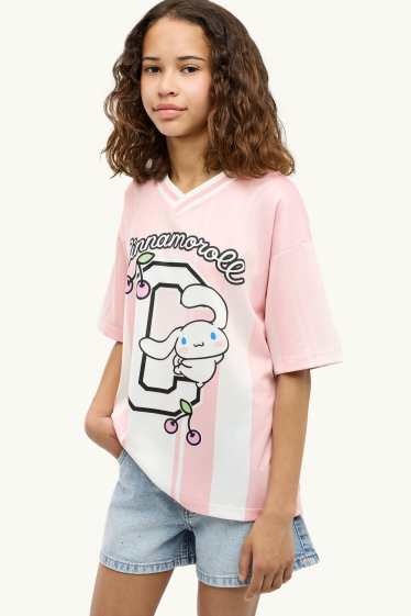Children Girls - Cinnamoroll - short sleeve T-shirt - striped - white / rose