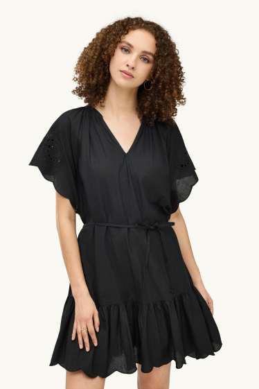 Damen - A-Linien Kleid mit V-Ausschnitt - Broderie Anglaise - schwarz