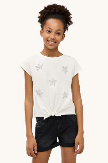 Kinder Mädchen - Stern - Kurzarmshirt mit Strasssteinen - weiss