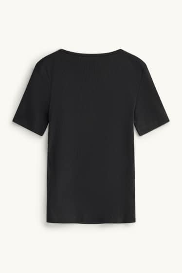 Dames - T-shirt - slim fit - ribstof - zwart