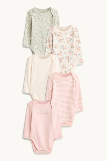 Baby: meisjes - Set van 5 - bloemetje - rompertje - roze / beige