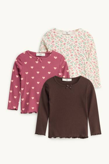 Bambine - Confezione da 3 - fiore e cuore - maglia a maniche lunghe - a costine - marrone / rosa