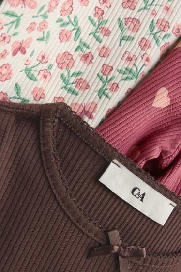 Bambine - Confezione da 3 - fiore e cuore - maglia a maniche lunghe - a costine - marrone / rosa