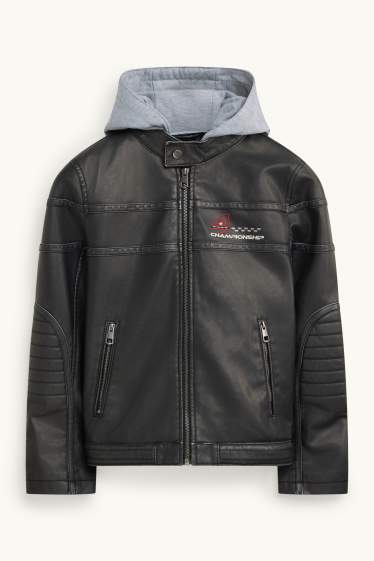 Enfants garçons - Racing - blouson motard avec capuche - matière synthétique - noir