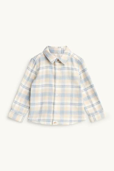 Baby: jongens - Flanellen babyoverhemd - geruit - beige / blauw
