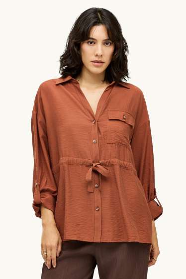 Donna - Blusa di lino con nodo e scollo a V - ruggine