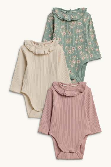 Bébés filles - Lot de 3 - petites fleurs - body bébé - finition côtelée - rose
