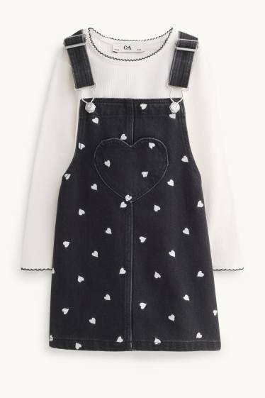 Kinderen: meisjes - Hartje - set - longsleeve en denim overgooier - 2 delig - wit / zwart