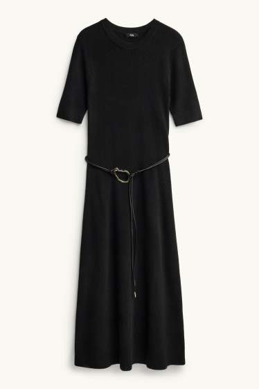 Dames - Gebreide jurk met ceintuur - straight fit - zwart