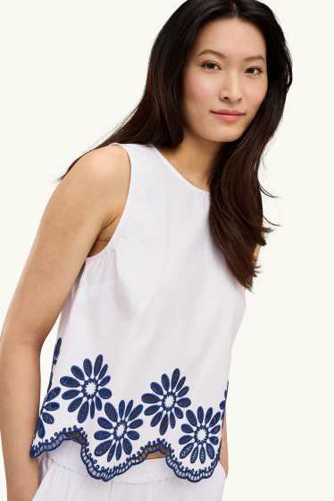 Women - Blouse top - broderie anglaise - white / blue