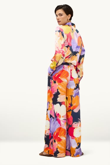 Mujer - Pantalón de tela - high waist - wide leg - de flores - naranja