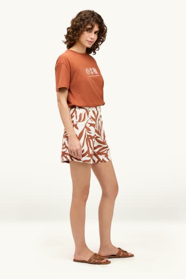 Women - Shorts - mid-rise waist - linen blend - patterned - brown / cremewhite