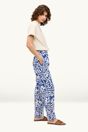 Femmes - Pantalon en toile - mid waist - straight fit - à motif - blanc / bleu