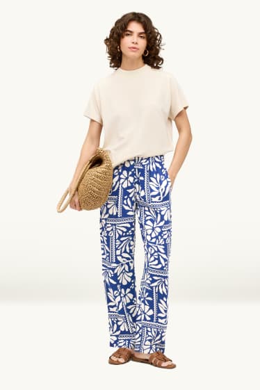 Femmes - Pantalon en toile - mid waist - straight fit - à motif - blanc / bleu