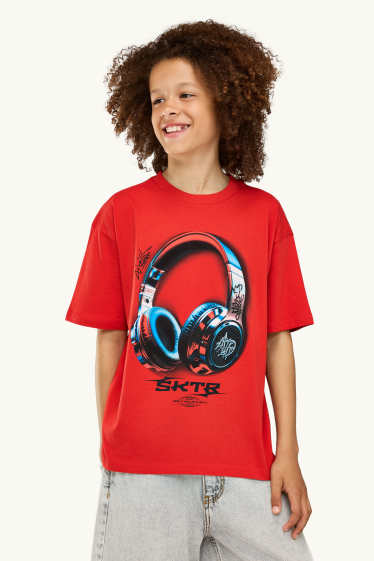 Children Boys - Headphones - short sleeve T-shirt - red