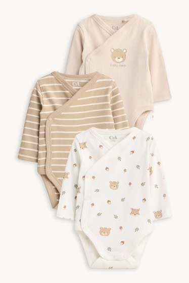 Unisex - Multipack of 3 - bear and lynx - wrapover baby bodysuit - beige