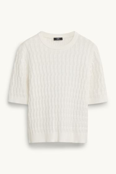 Damen - Strickpullover - kurzarm - Zopfmuster - weiß